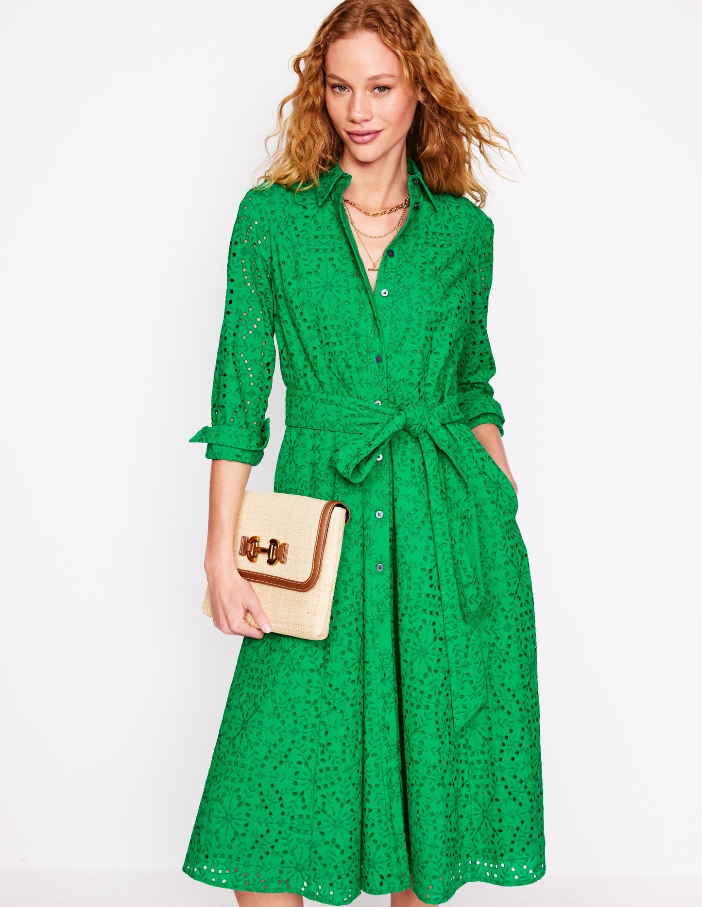 Amy Broderie Midi Shirt Dress - Rich Emerald