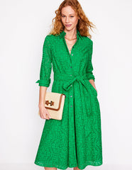 Amy Broderie Midi Shirt Dress - Rich Emerald