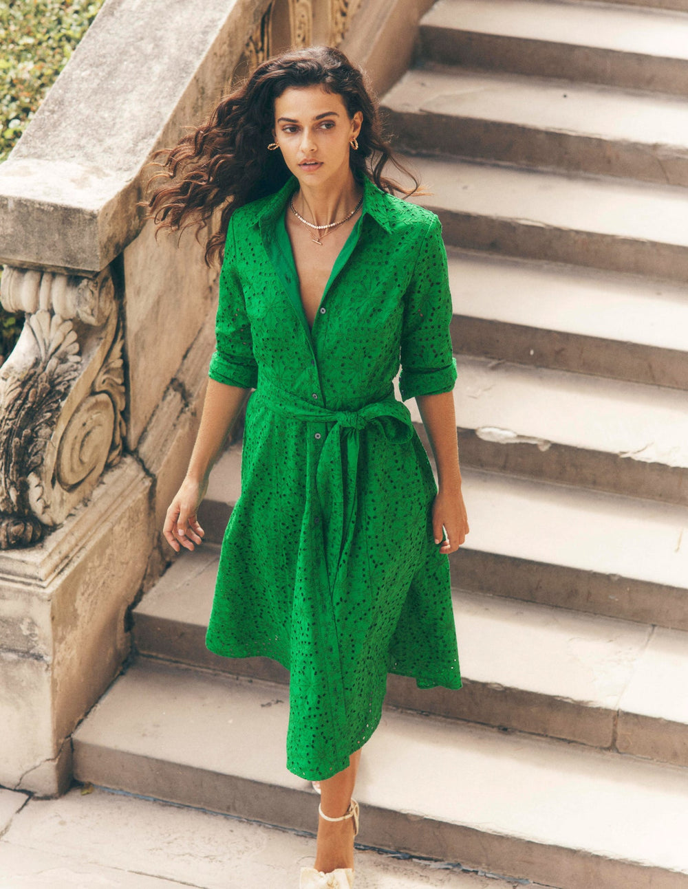 Amy Broderie Midi Shirt Dress - Rich Emerald