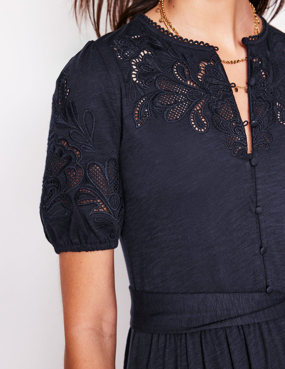 Cutwork Detail Midi Dress - Navy