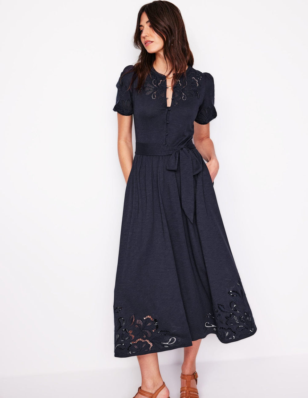 Cutwork Detail Midi Dress - Navy