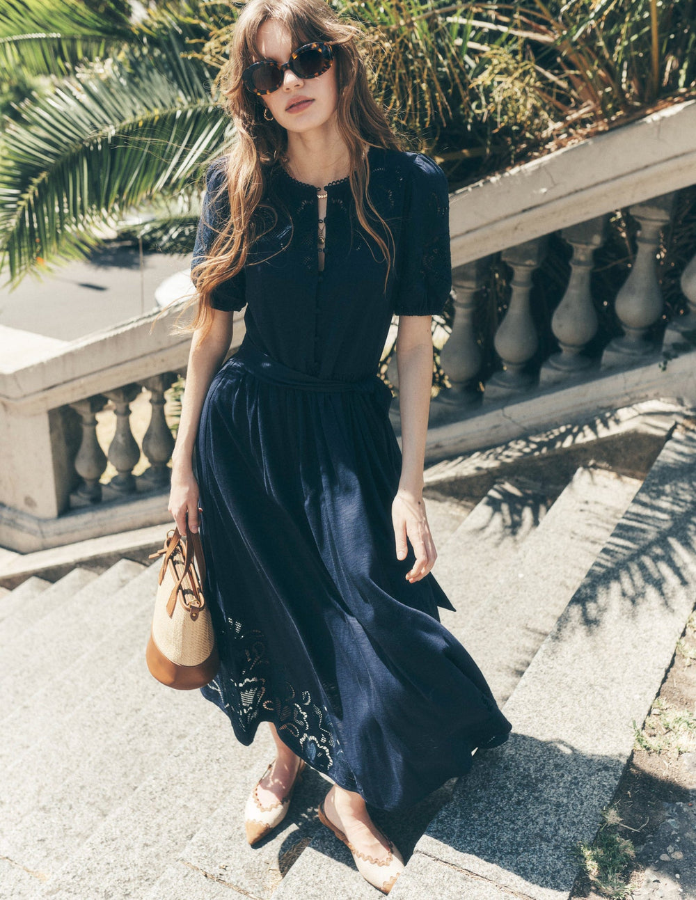 Cutwork Detail Midi Dress - Navy