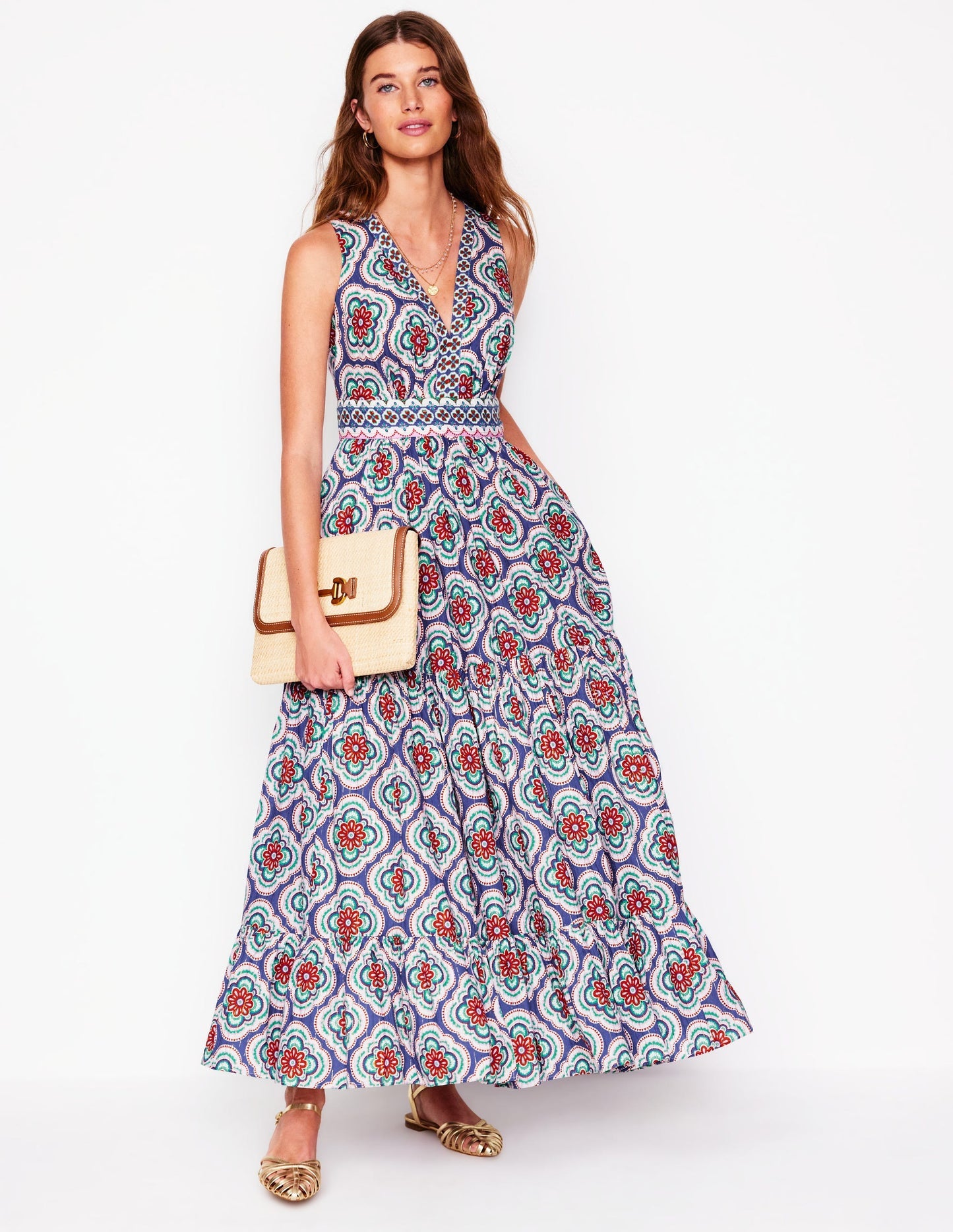 Serena Cotton Tie Maxi Dress - Bright Blue, Botanic Blush
