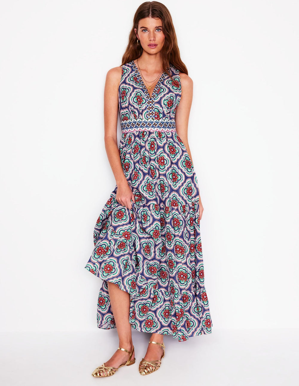 Serena Cotton Tie Maxi Dress - Bright Blue, Botanic Blush