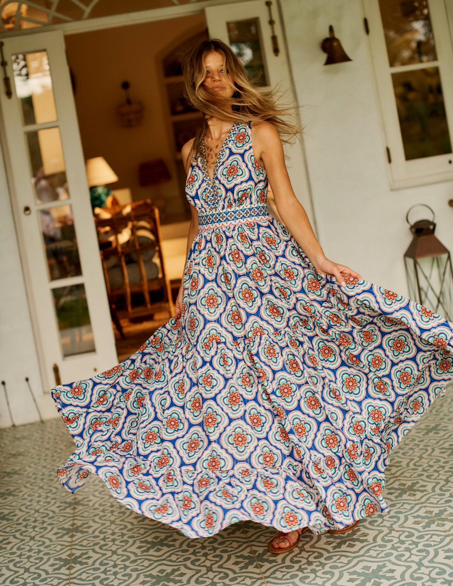 Serena Cotton Tie Maxi Dress - Bright Blue, Botanic Blush