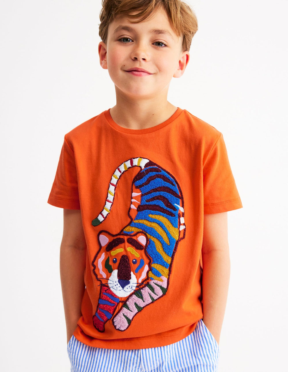 Chain Stitch T-shirt - Hot Coral tiger