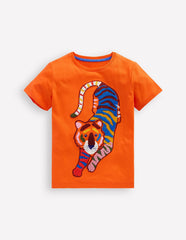 Chain Stitch T-shirt - Hot Coral tiger