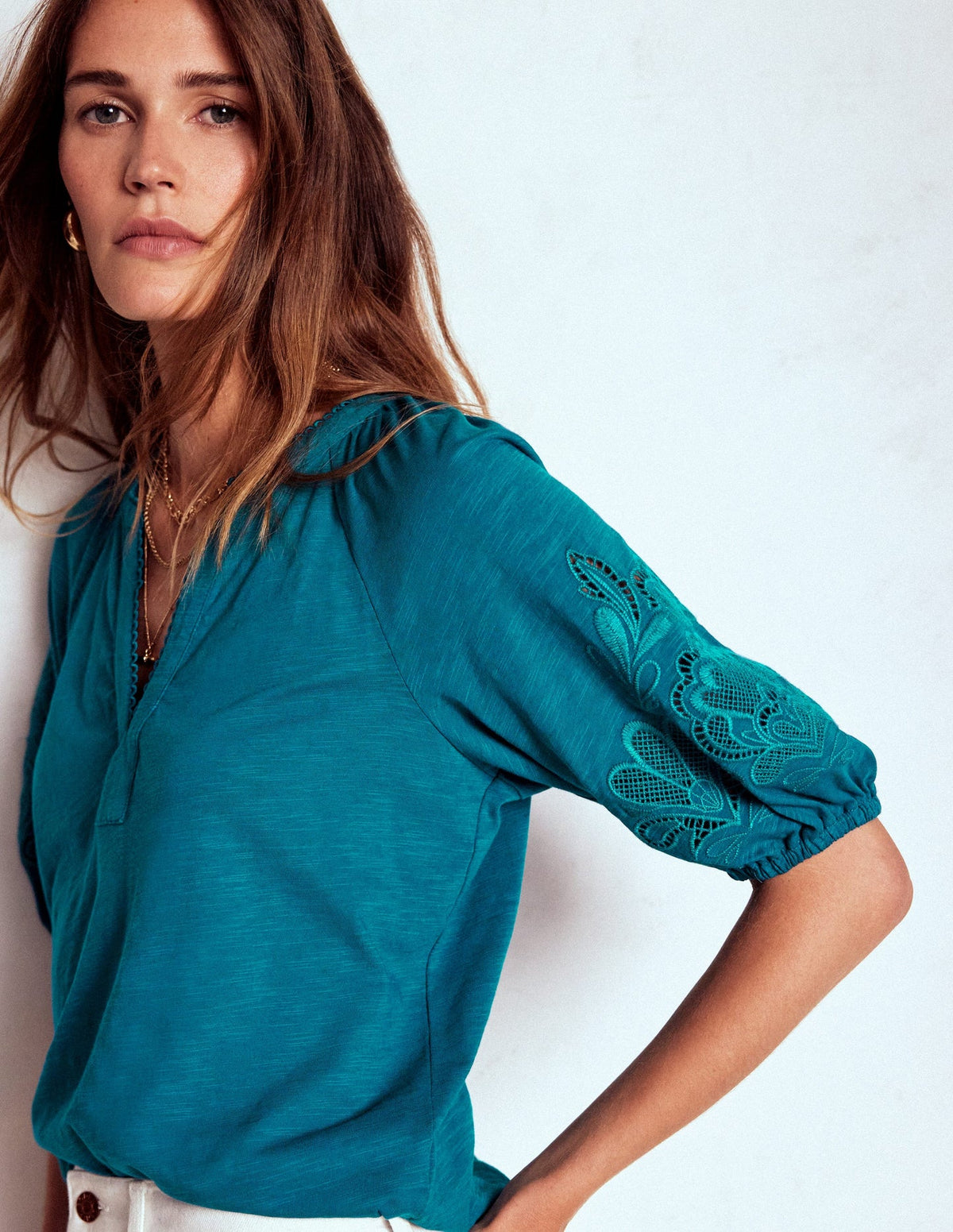 Cutwork Notch Neck Top - Deep Sea Green