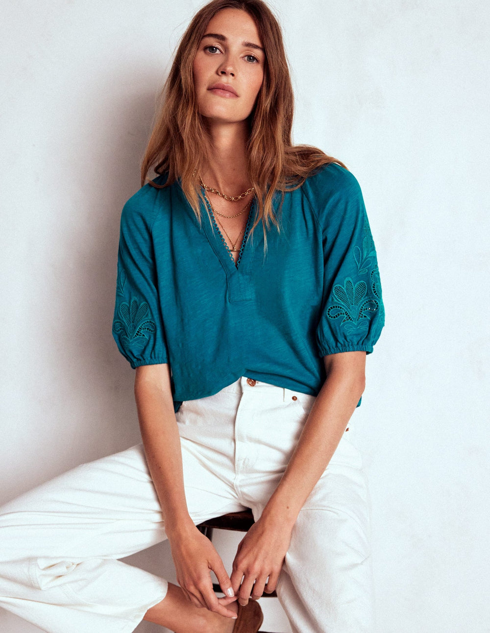 Cutwork Notch Neck Top - Deep Sea Green
