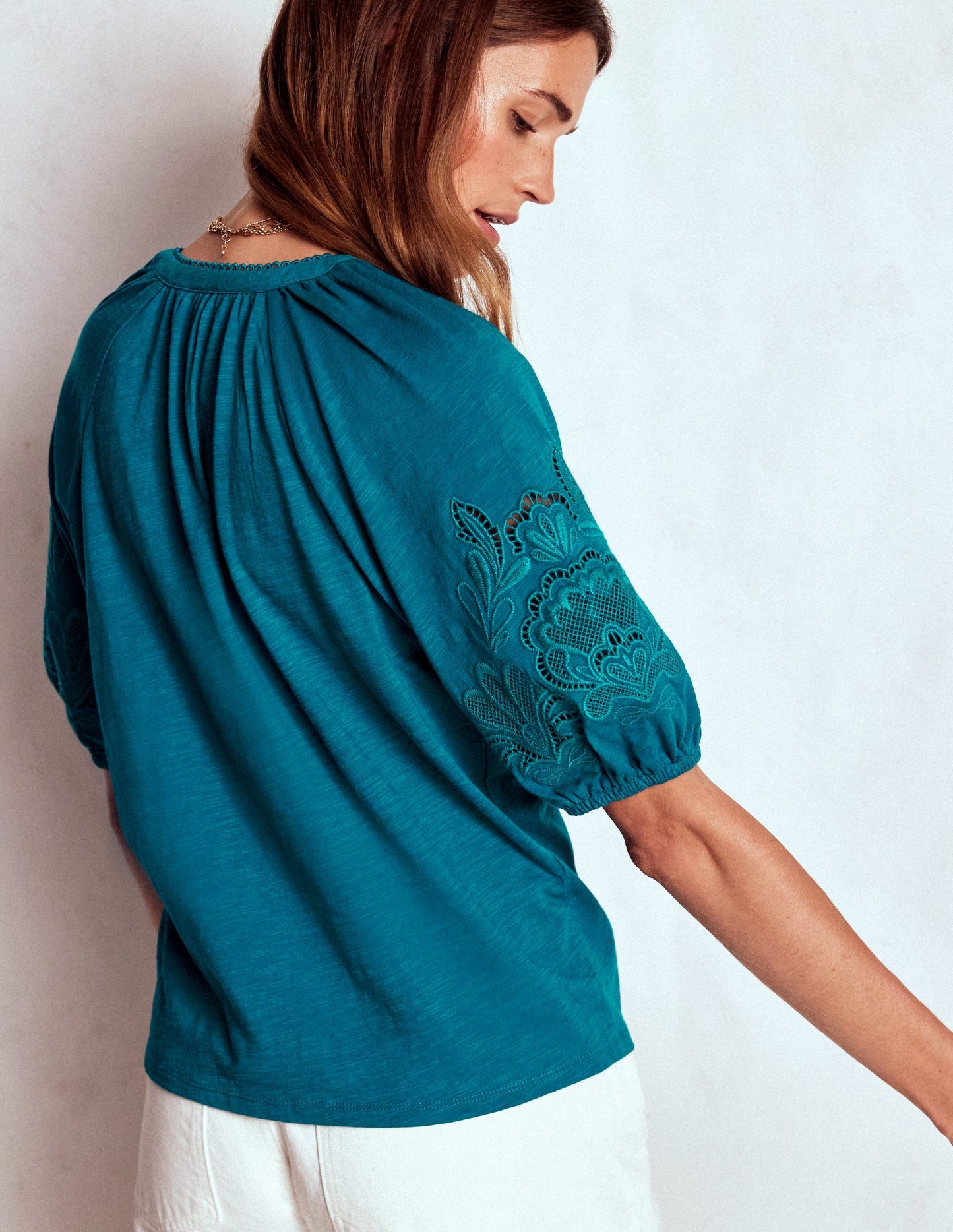 Cutwork Notch Neck Top - Deep Sea Green