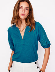 Cutwork Notch Neck Top - Deep Sea Green