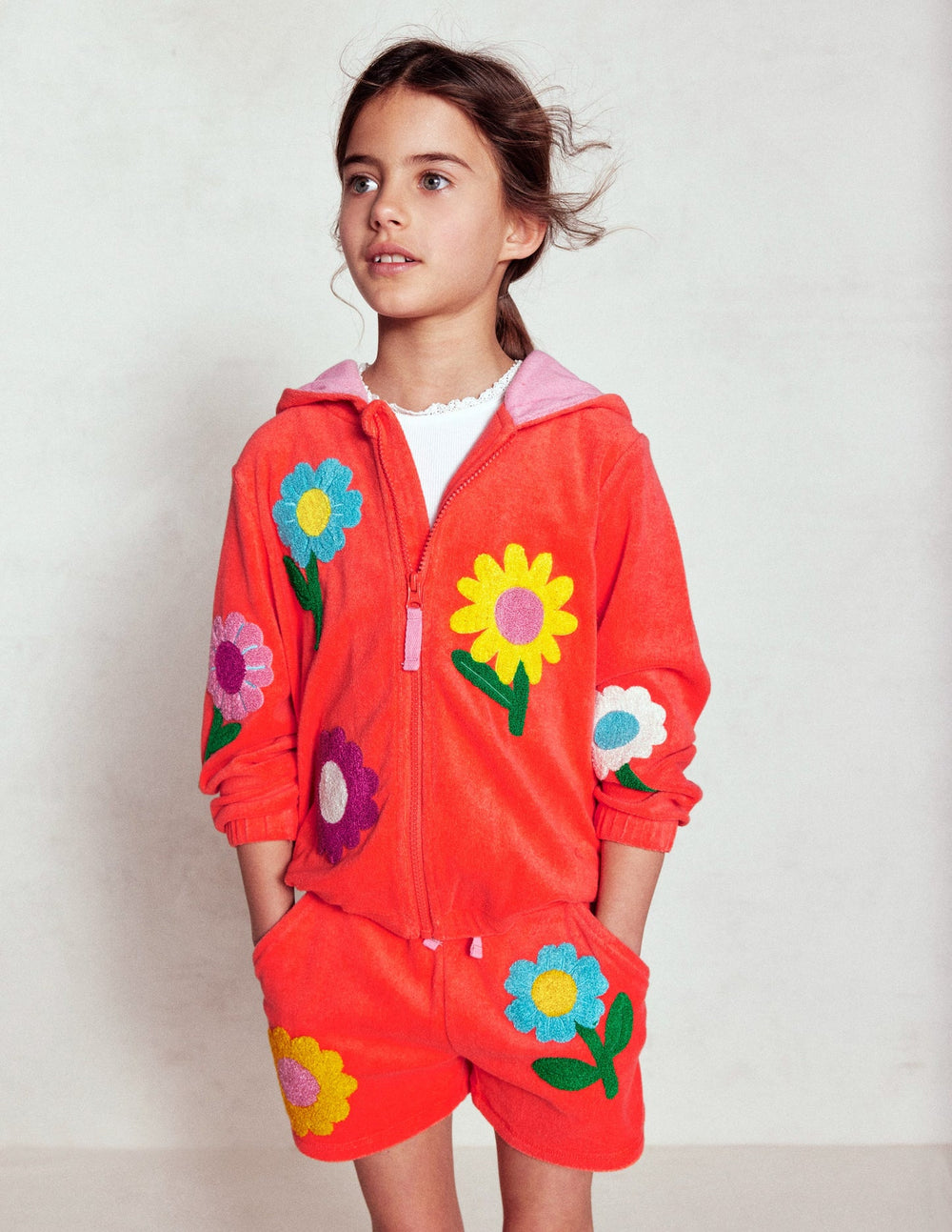 Printed Towelling Short - Coral Orange Flowers