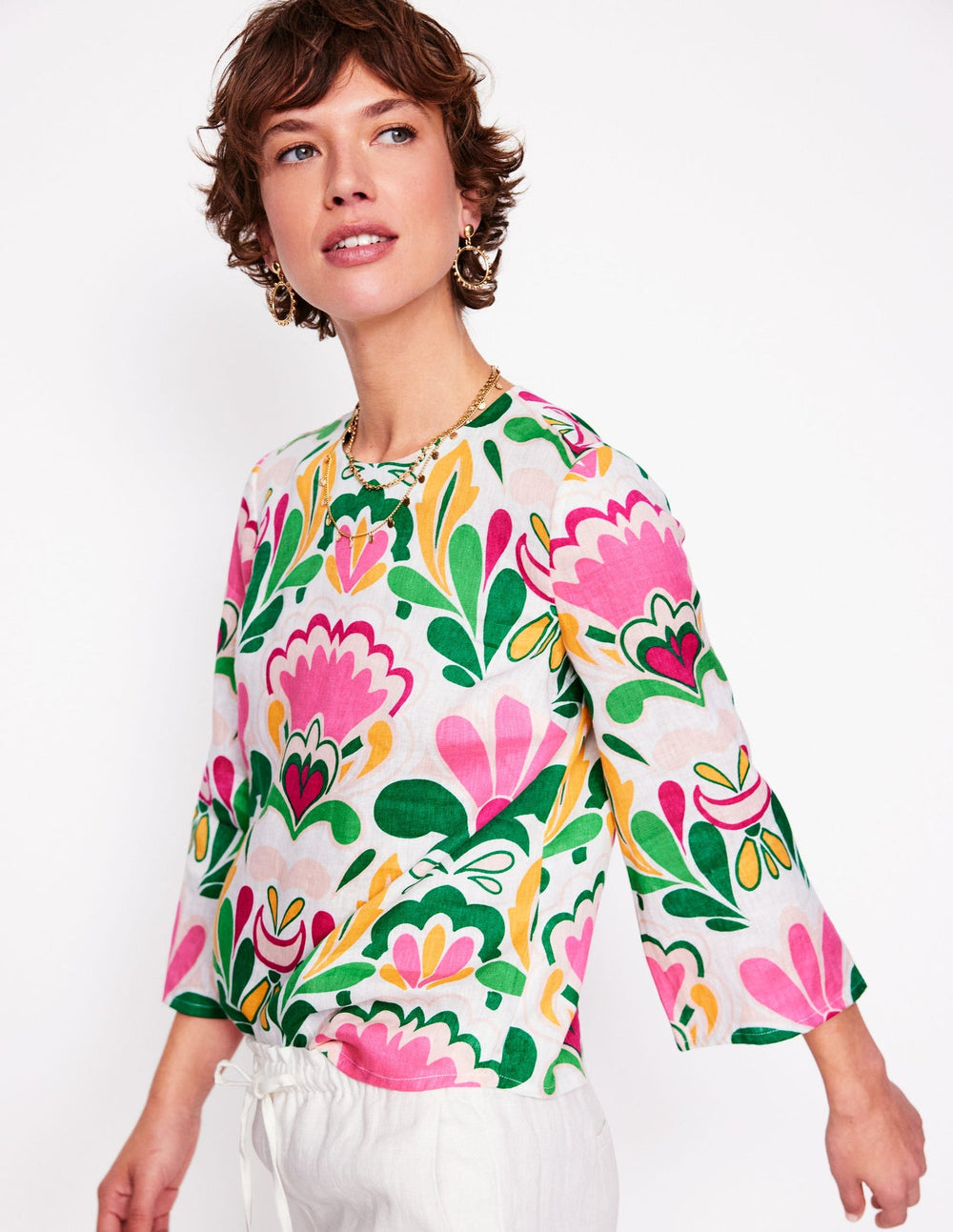 Fluted Sleeve Linen Top - Multi, Freesia Stamp