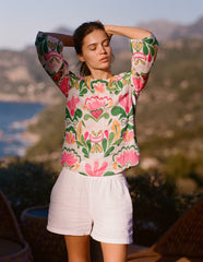 Fluted Sleeve Linen Top - Multi, Freesia Stamp