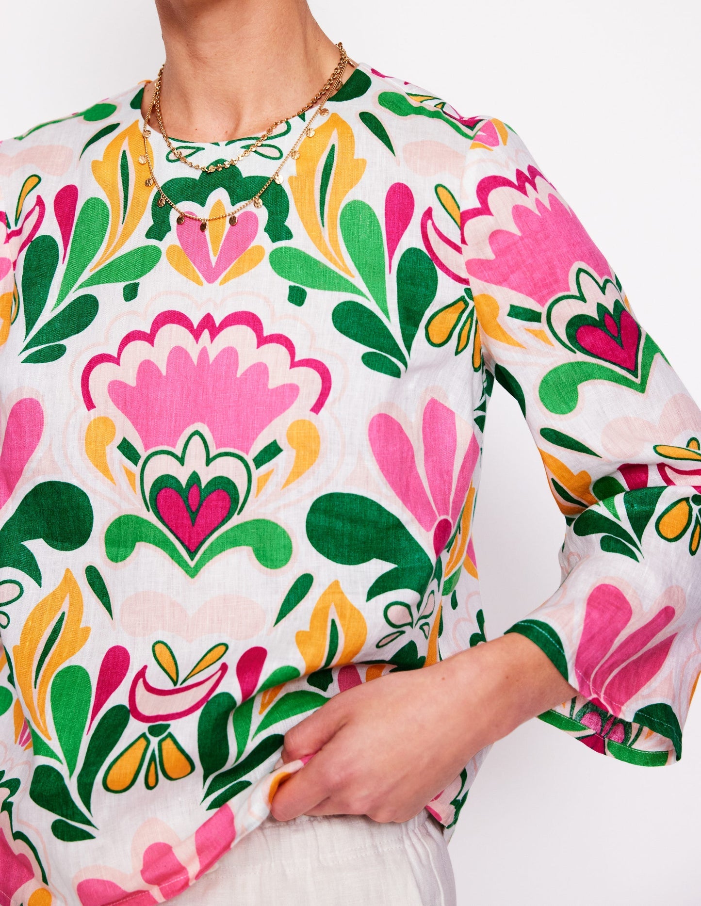 Fluted Sleeve Linen Top - Multi, Freesia Stamp