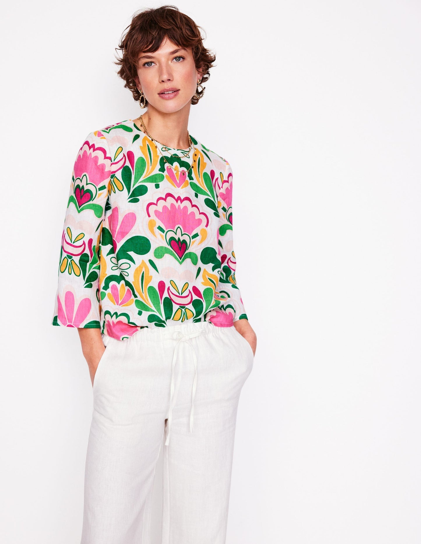 Fluted Sleeve Linen Top - Multi, Freesia Stamp