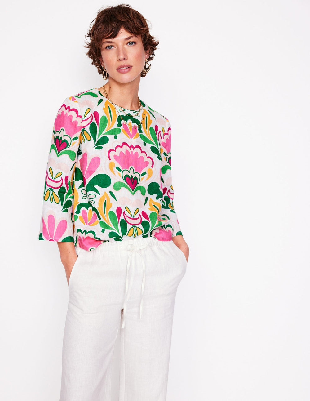 Fluted Sleeve Linen Top - Multi, Freesia Stamp