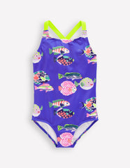Cross - back Printed Swimsuit - Blue Heron Fish
