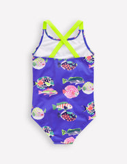 Cross - back Printed Swimsuit - Blue Heron Fish