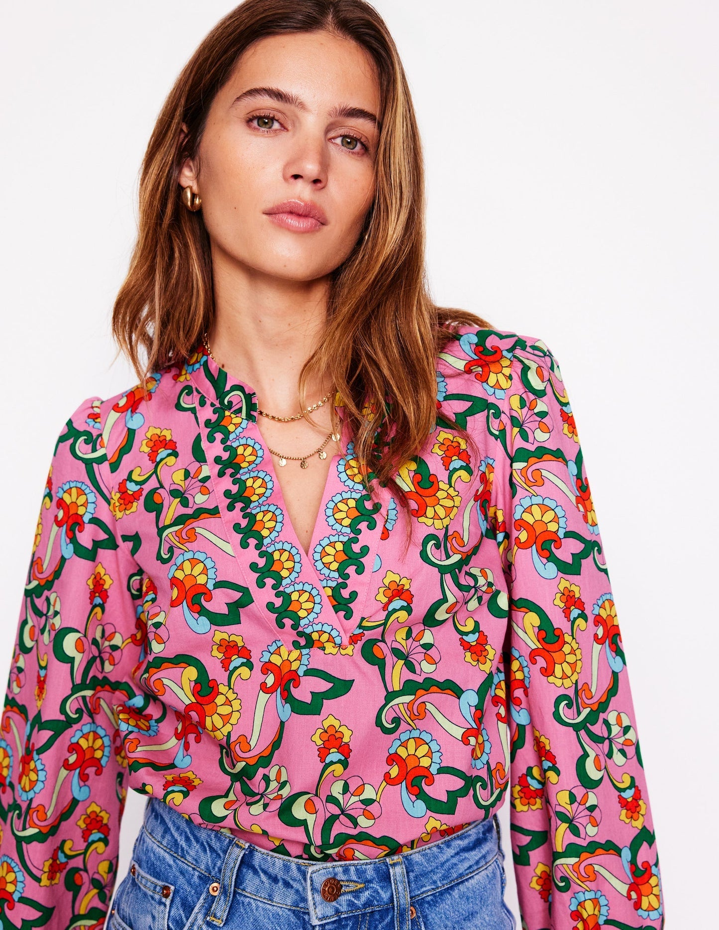 Cotton Notch Neck Top - Pink Rose, Foliage Trail