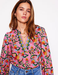 Cotton Notch Neck Top - Pink Rose, Foliage Trail