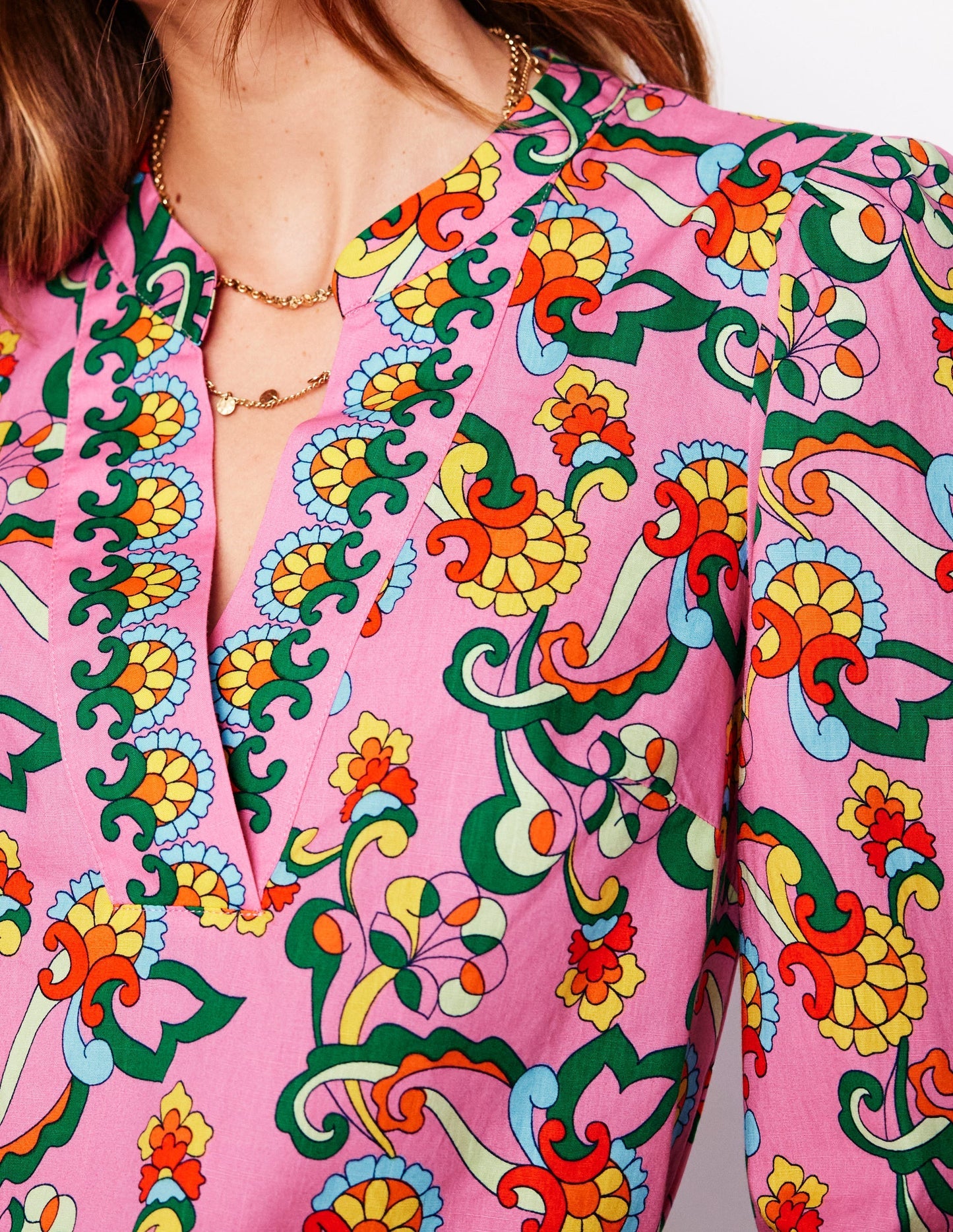 Cotton Notch Neck Top - Pink Rose, Foliage Trail