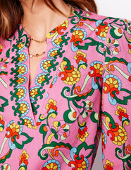 Cotton Notch Neck Top - Pink Rose, Foliage Trail