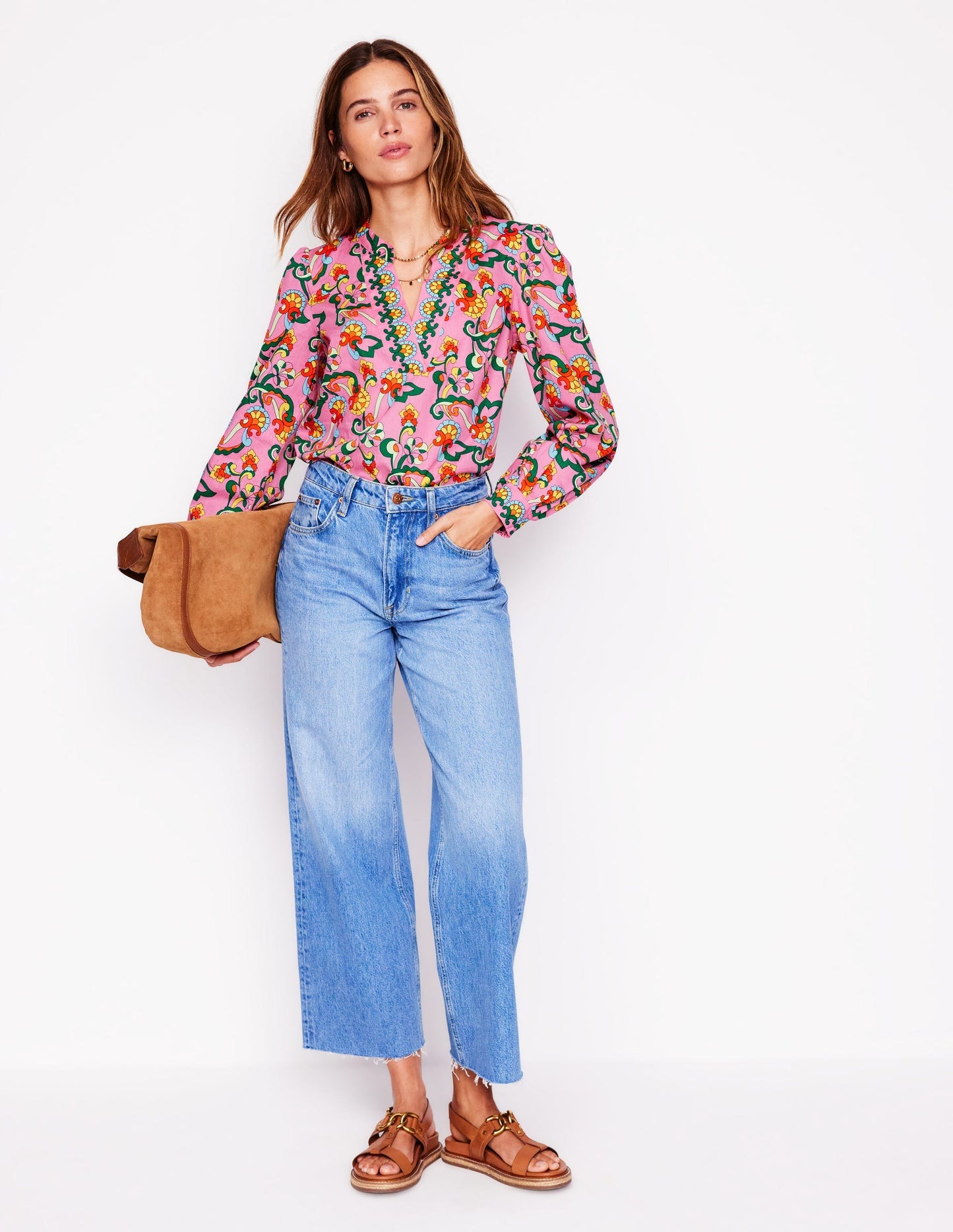 Cotton Notch Neck Top - Pink Rose, Foliage Trail