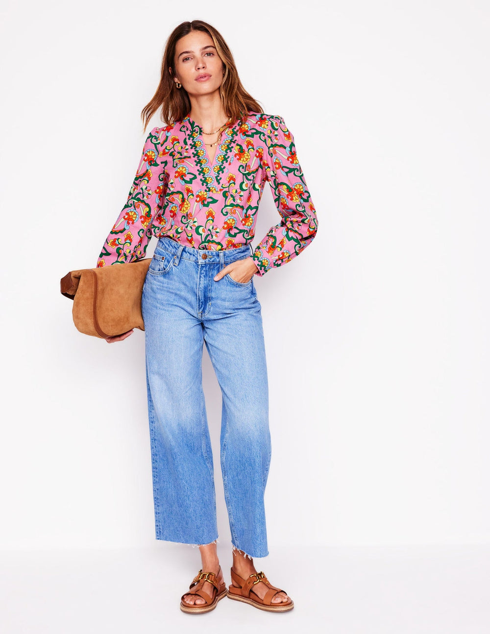 Cotton Notch Neck Top - Pink Rose, Foliage Trail