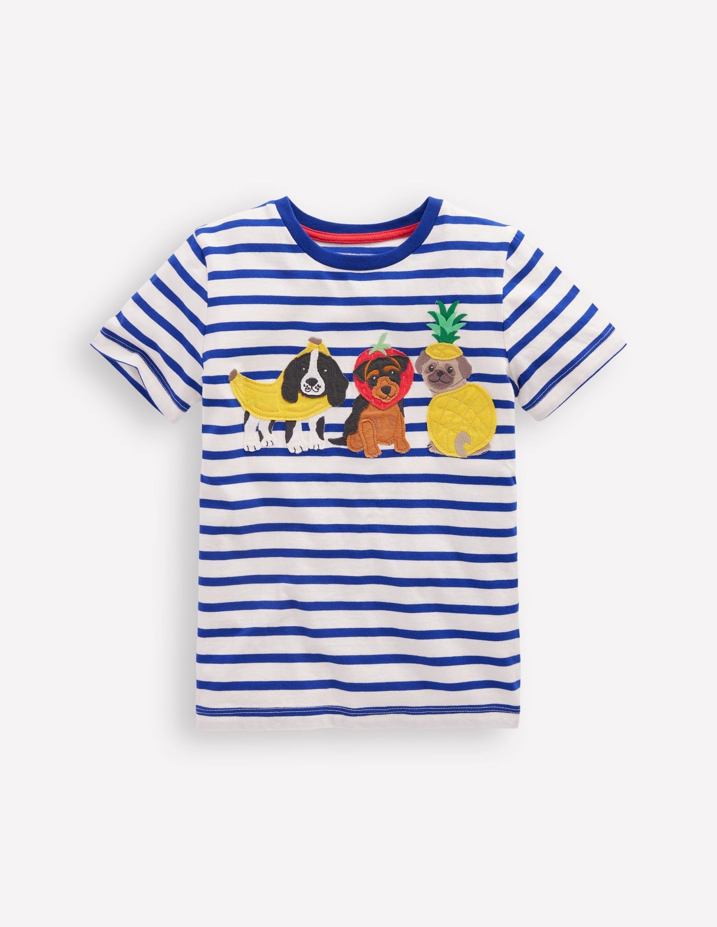 Short Sleeve Appliqué T-shirt - Bright Blue Stripe Fruit Dogs