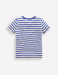 Short Sleeve Appliqué T-shirt - Bright Blue Stripe Fruit Dogs