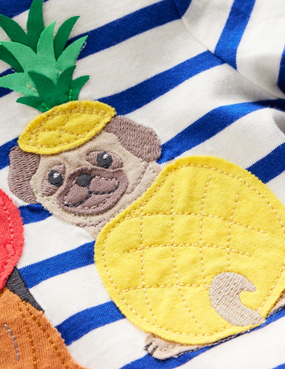 Short Sleeve Appliqué T-shirt - Bright Blue Stripe Fruit Dogs
