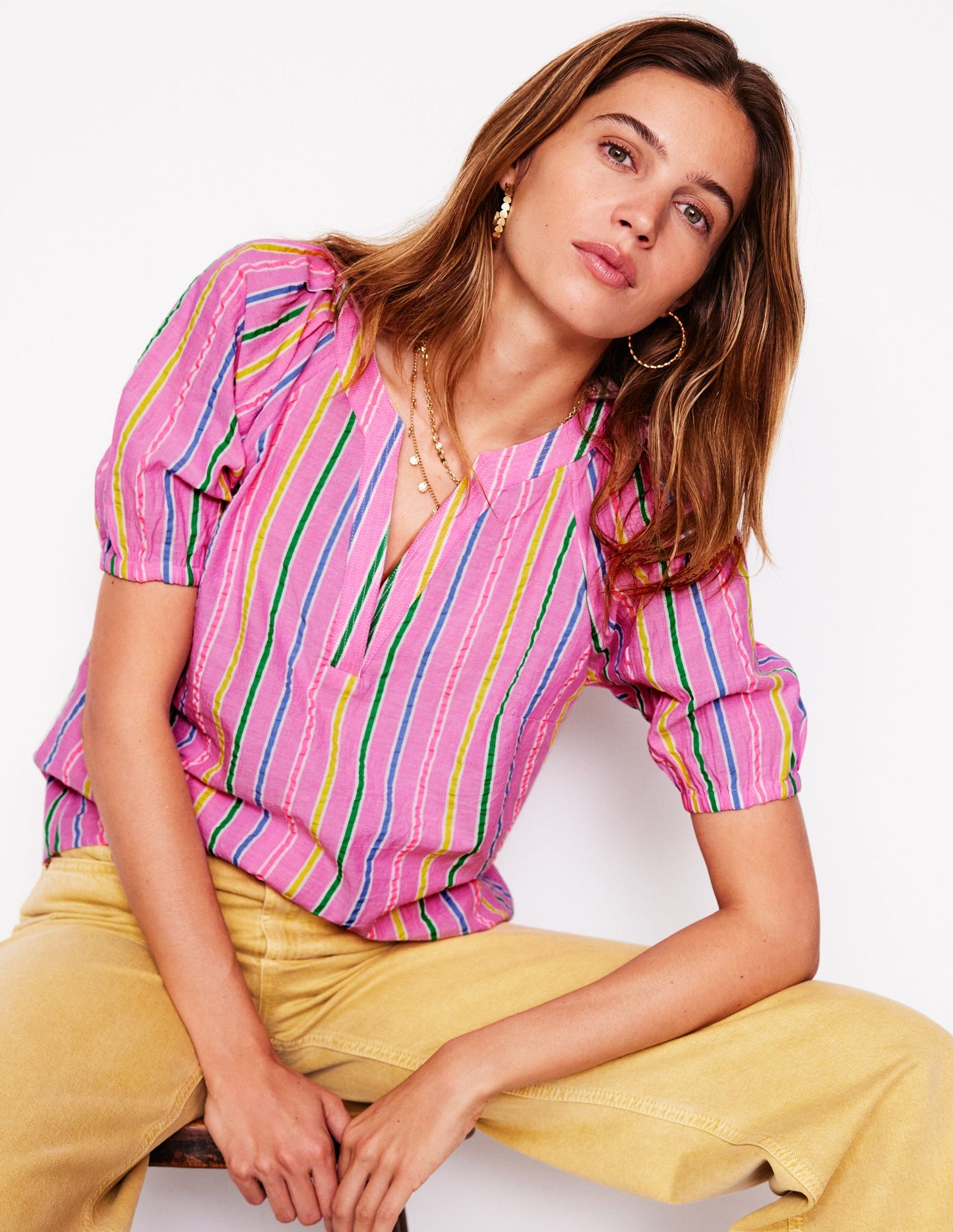 Brooke Cotton Top - Neon Pink Seersucker Stripe