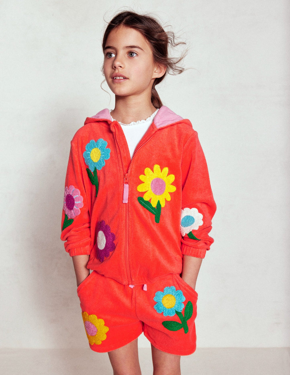 Zip - Through Towelling Hoodie - Coral Orange Flowers