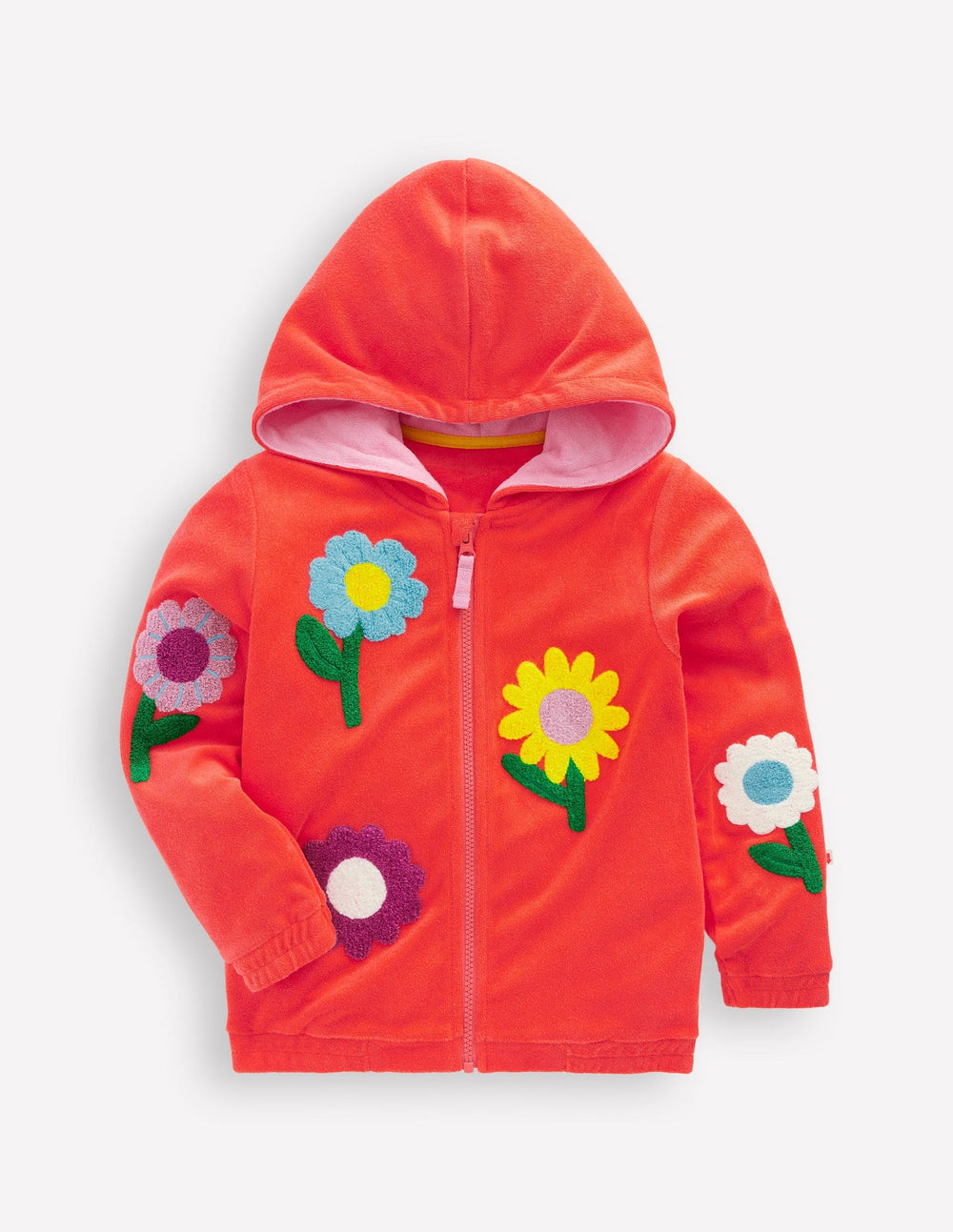 Zip - Through Towelling Hoodie - Coral Orange Flowers