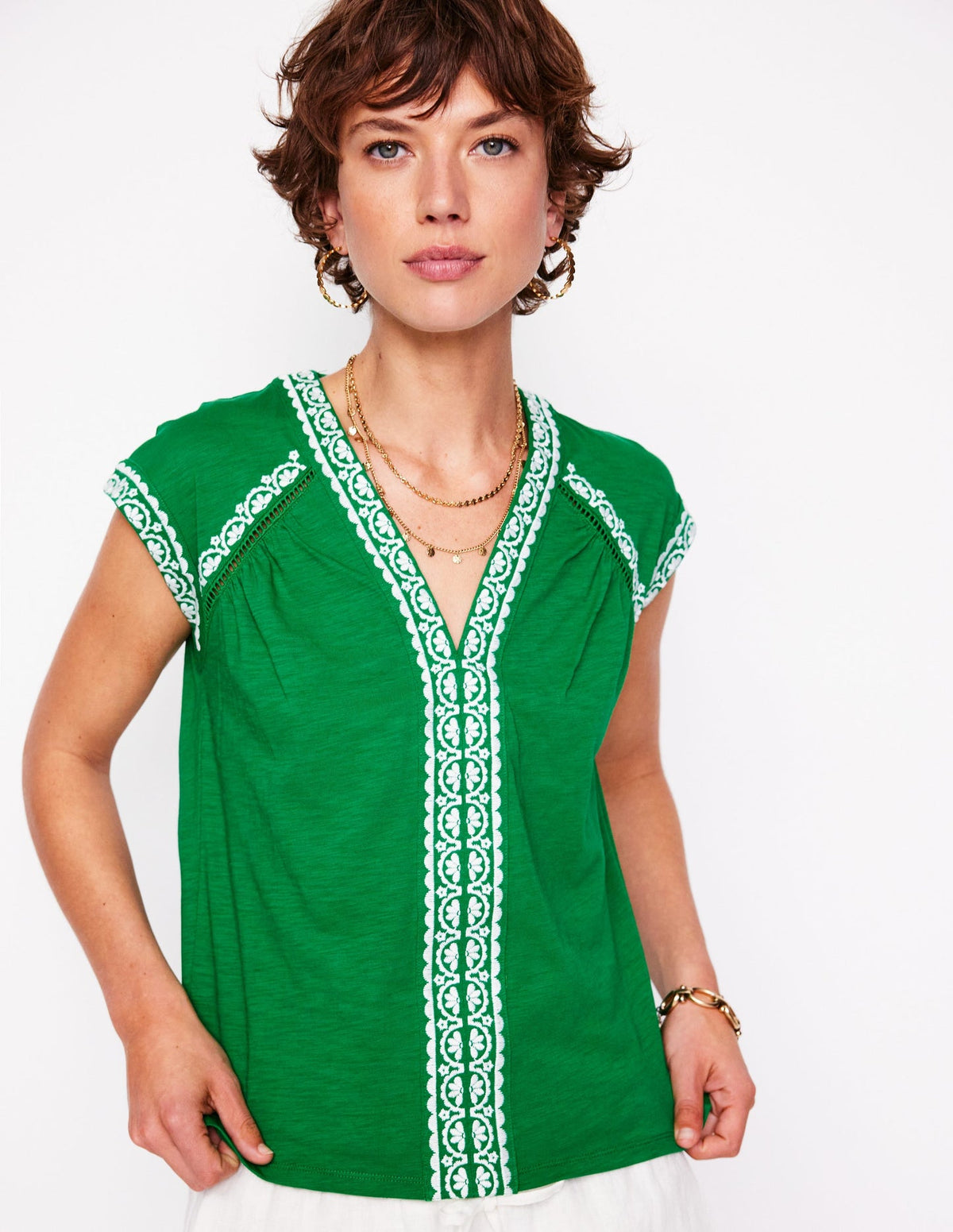 Hazel Cotton Embroidered Top - Rich Emerald