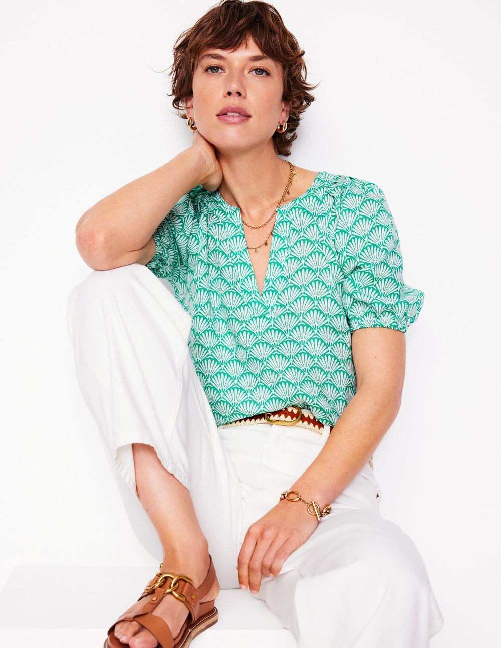 Brooke Linen Top - Aquamarine, Deco Palm