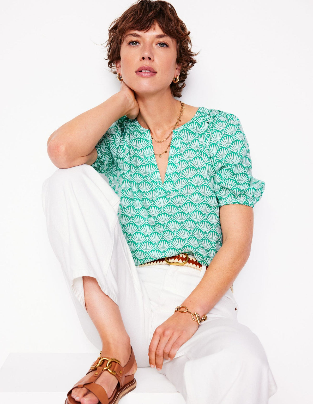 Brooke Linen Top - Aquamarine, Deco Palm