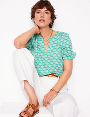 Brooke Linen Top - Aquamarine, Deco Palm