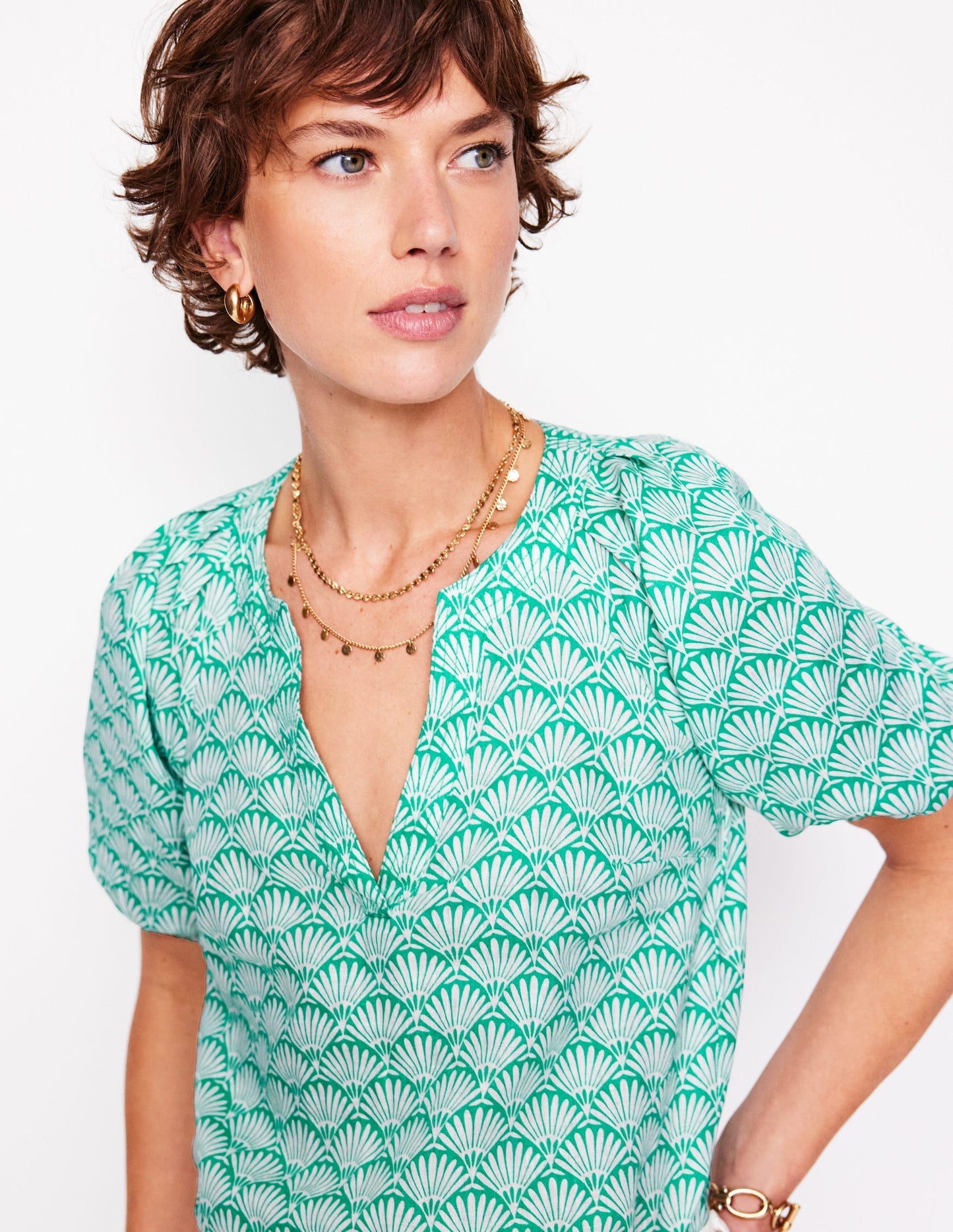 Brooke Linen Top - Aquamarine, Deco Palm