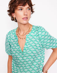 Brooke Linen Top - Aquamarine, Deco Palm