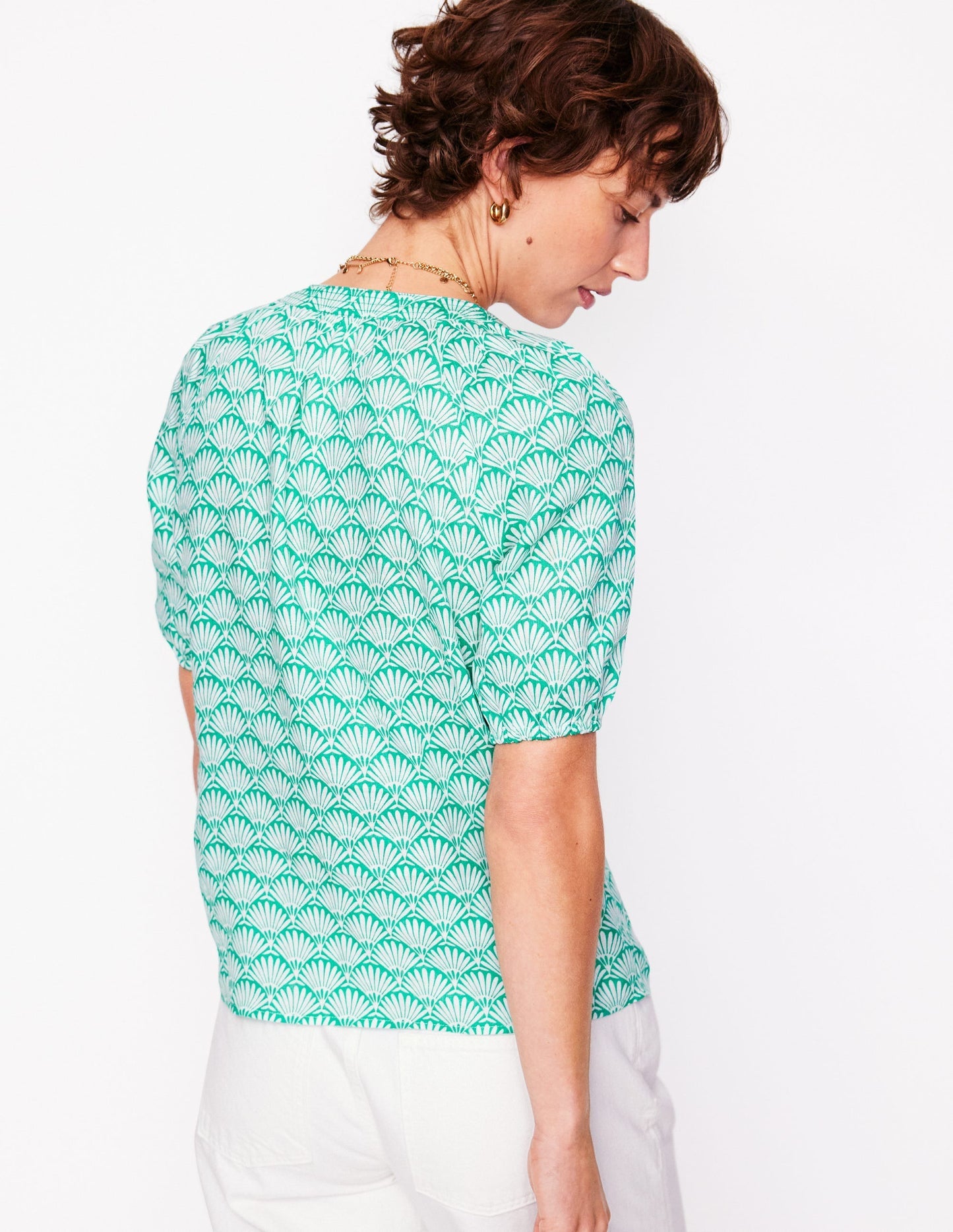 Brooke Linen Top - Aquamarine, Deco Palm