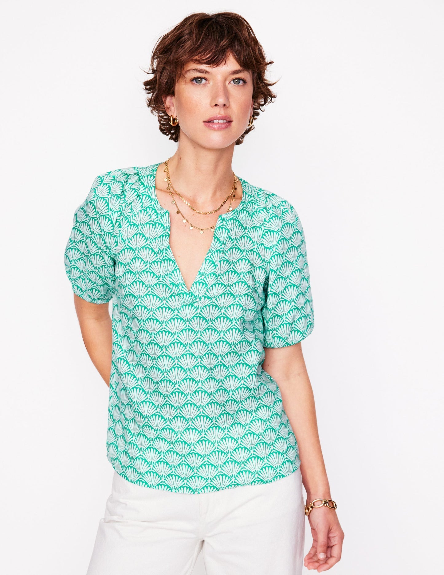 Brooke Linen Top - Aquamarine, Deco Palm
