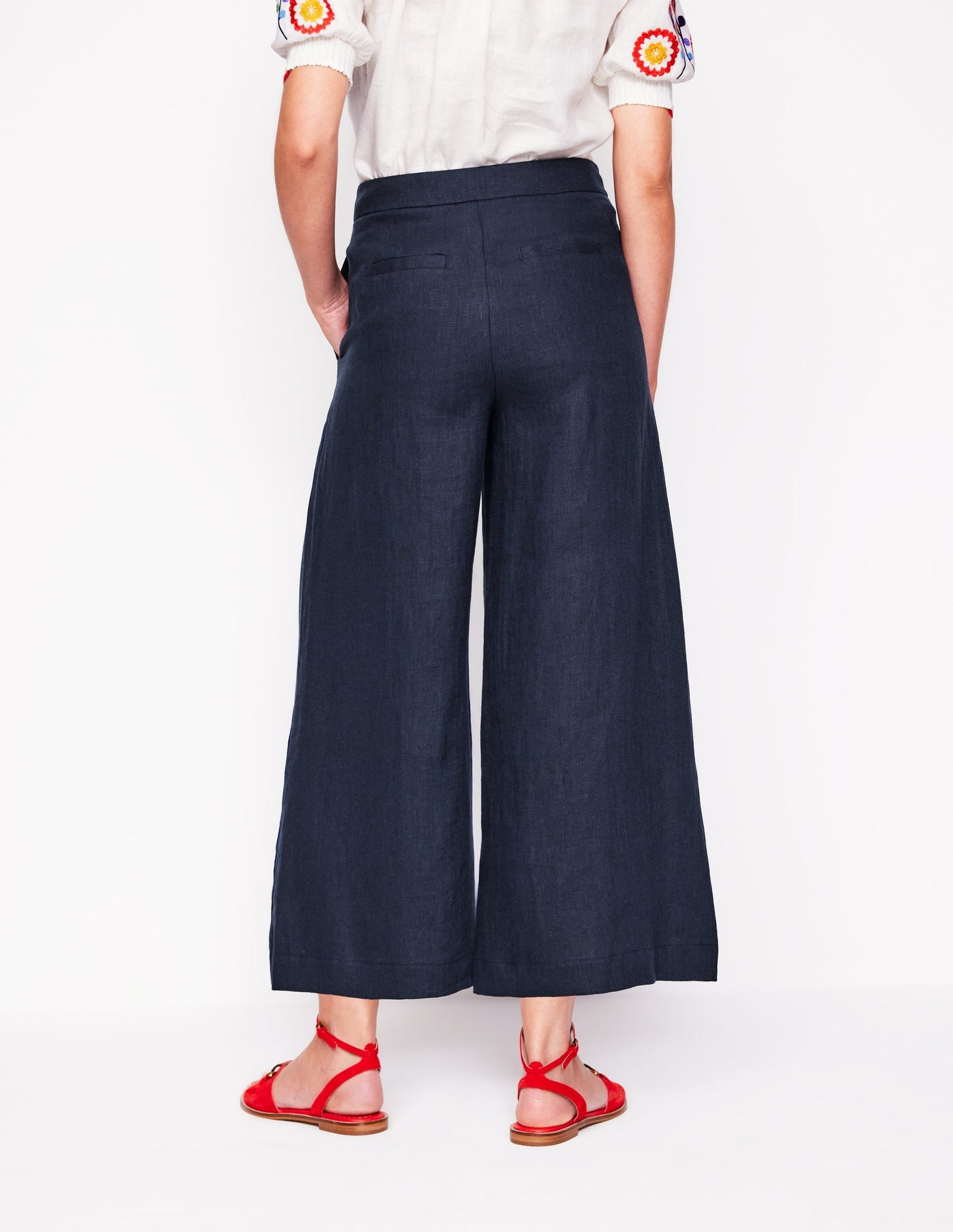Wide Crop Linen Pants - Navy