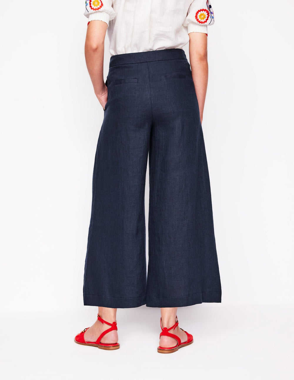 Wide Crop Linen Pants - Navy