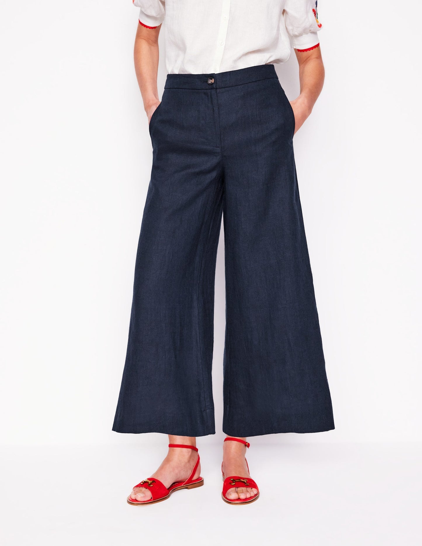 Wide Crop Linen Pants - Navy