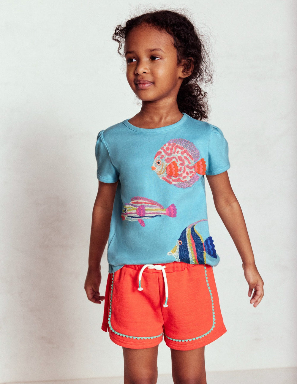 Puff Sleeve Superstitch Top - Aqua Sea Blue Fish