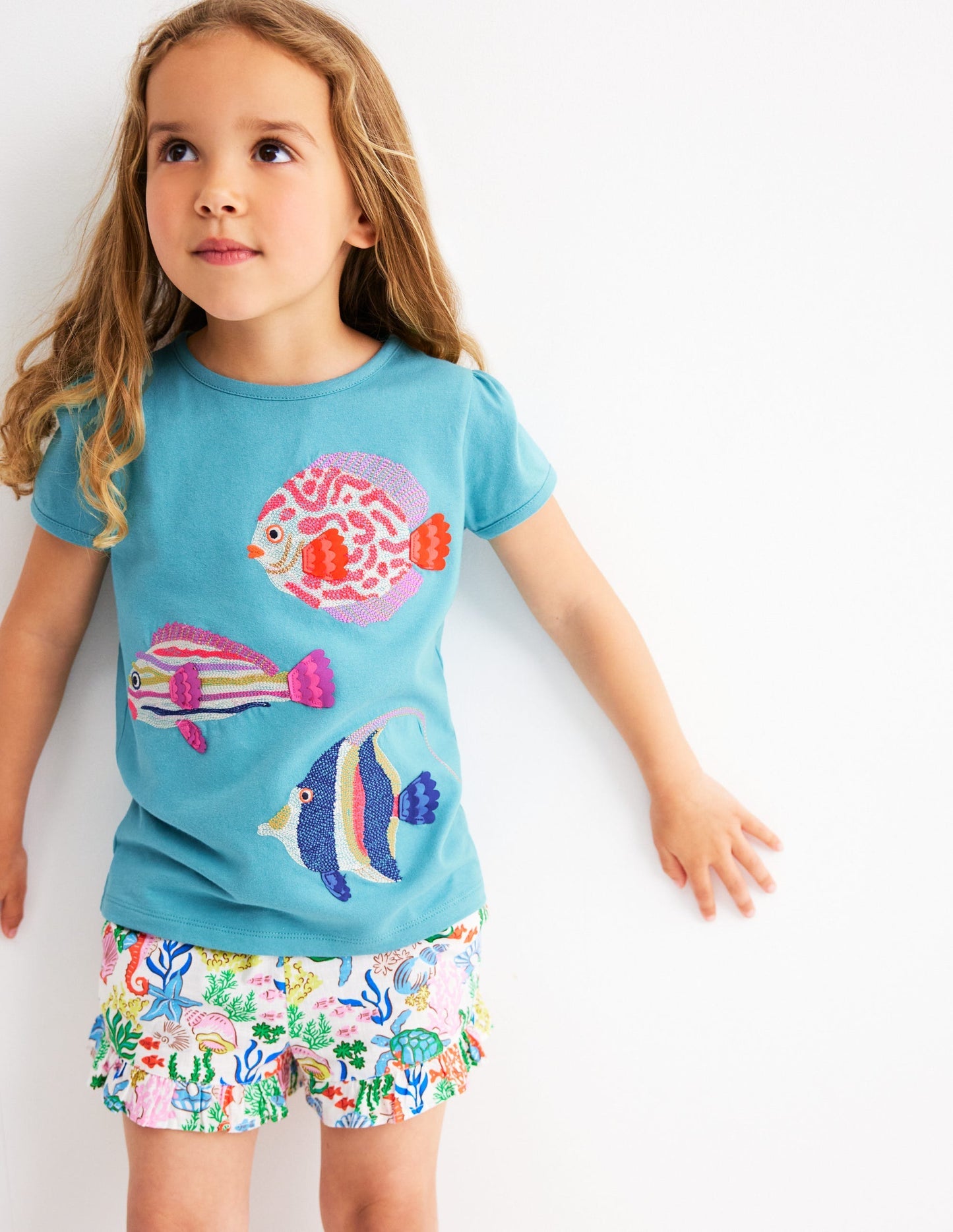 Puff Sleeve Superstitch Top - Aqua Sea Blue Fish