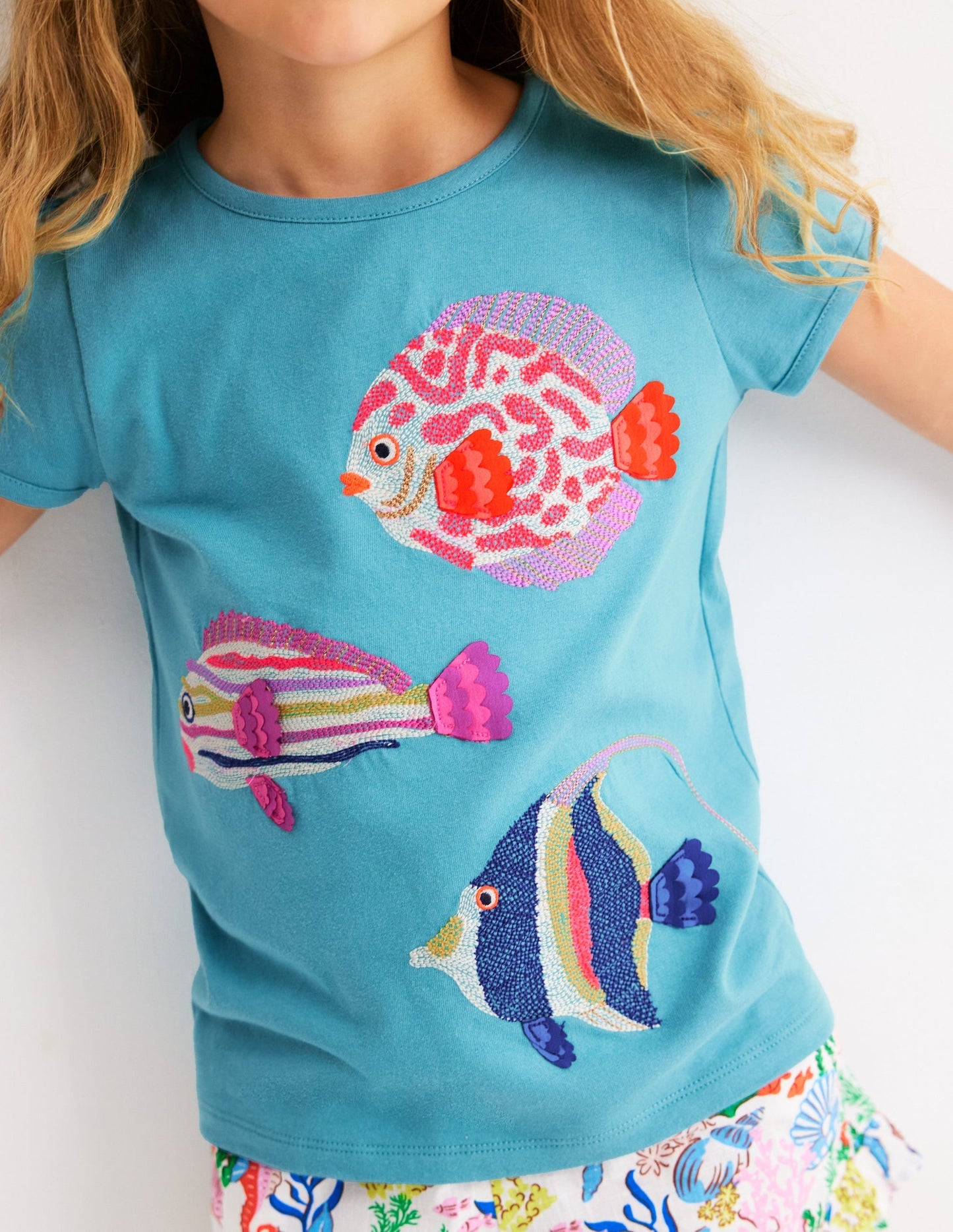 Puff Sleeve Superstitch Top - Aqua Sea Blue Fish