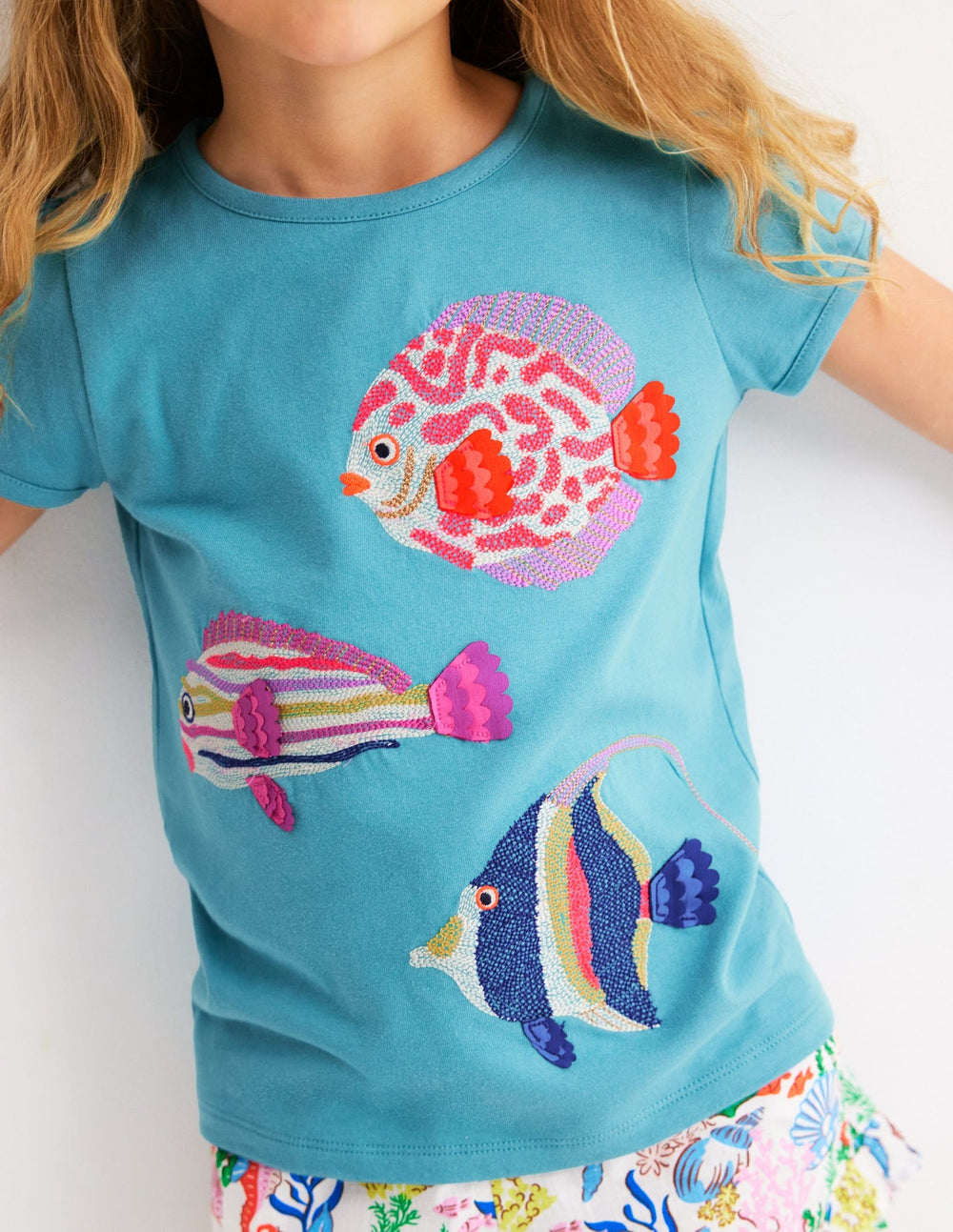 Puff Sleeve Superstitch Top - Aqua Sea Blue Fish